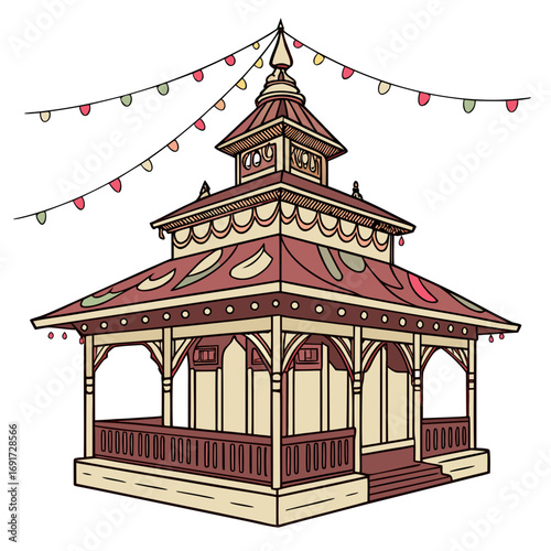 Detailed illustration of a traditional gazebo decorated with colorful lights pavilion structure