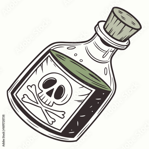 Glass bottle with skull and crossbones poison symbol and green liquid vector illustration