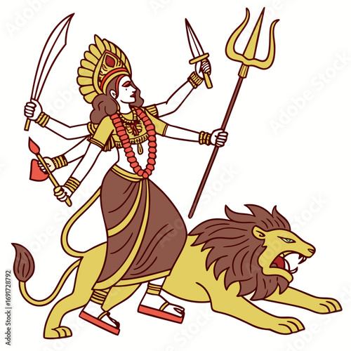 Goddess Durga riding a lion with multiple arms holding weapons Keywords: goddess durga, hindu