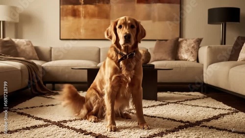 Golden Retriever Dog Sitting Calmly on Plush Rug in Modern Living Room Cozy Home Interior Warm