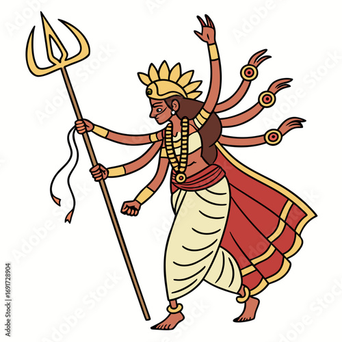 Hindu goddess Durga with multiple arms holding a trident and adorned with jewelry Keywords: goddess