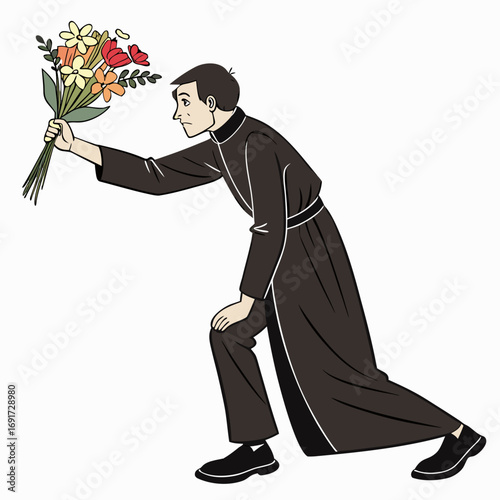 Man in clerical robe offering a bouquet of flowers on white background male priest
