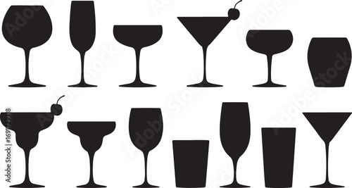Elegant Silhouette Collection of Various Drinkware Styles A Stylish and Minimalist Design for Barware Enthusiasts and Cocktail Lovers