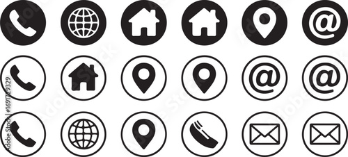 Assorted Contact Information Icons Varied Styles Representation Communications and Modern Design Versatility for Business Cards and Websites