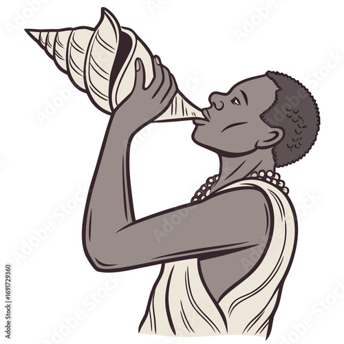 Person blowing a large spiral seashell as a horn with beaded necklace blowing horn