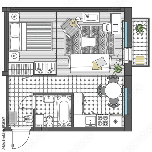 Interior design of a two-room apartment. Floor plan of a living room combined with a kitchen. House layout with furniture placement. Vector drawing