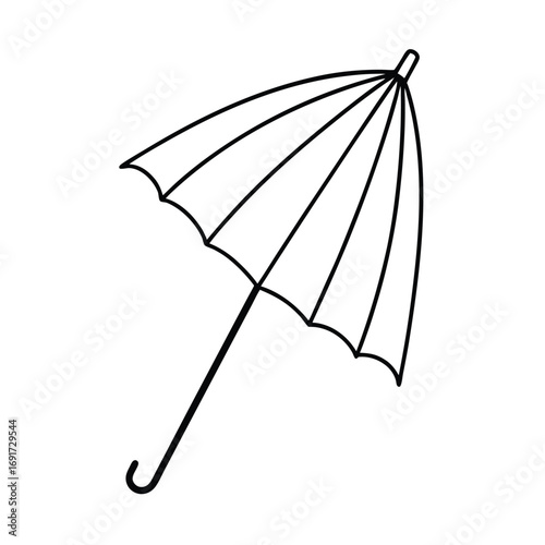 Black and white outline drawing of an open umbrella