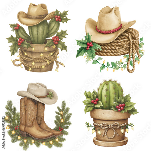 Cowboy hat cactus holly rope lights rustic festive Christmas pot boot with hat decorate with holly and lights, playful country holiday cheer