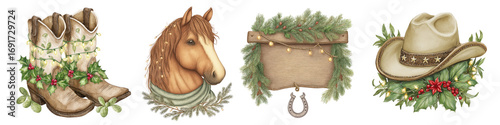 Cowboy boot cactus light holiday garland rustic wood sign horseshoe cowboy hat holly berry western Christmas charm