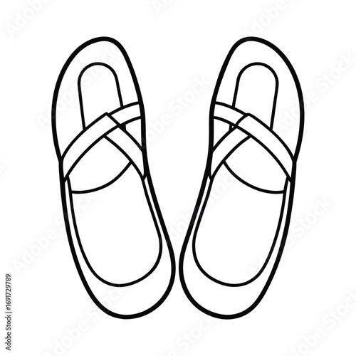 Black Outline Drawing of Two Ballet Style Slippers Keywords: slippers, ballet slippers, footwear