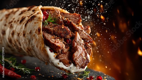 fresh grilled beef turkish shawarma doner sandwich with flying ingredients and spices.