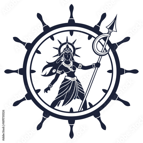 Silhouette of Hindu goddess Durga within a ship's steering wheel emblem on white Keywords: goddess