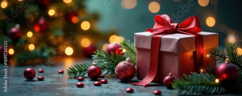 Gift boxes, ornaments, winter greenery, festive lights , texture, season's greetings