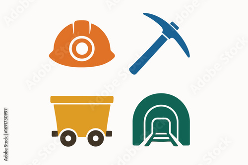 Mining industry tools and equipment icons set.