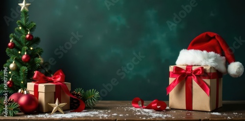 Rustic Christmas gifts, red ribbon, Santa hat, tree, chalkboard background , xmas, christmas, close up