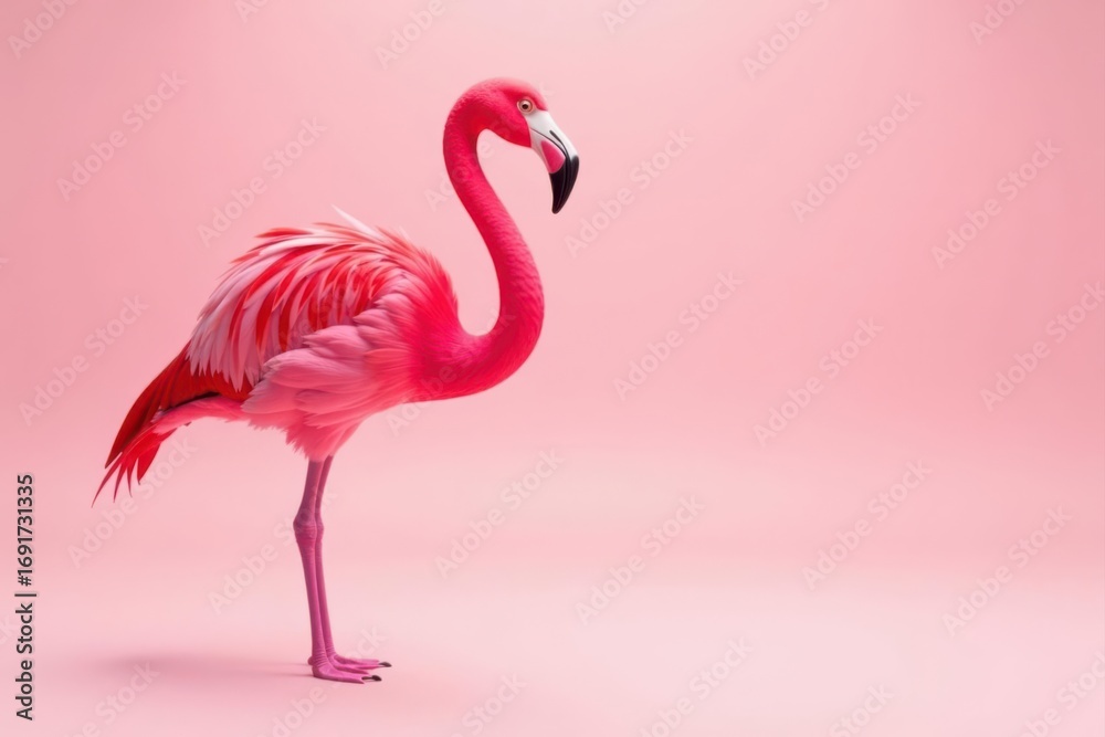 Fototapeta premium Single flamingo, vibrant color, minimalist style, flamingo, creature, fauna