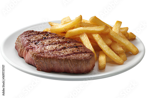 3D rendering of beef steak and fries on a plate, isolated on a transparent background.
