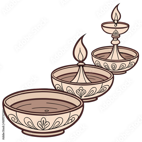 Three decorative oil lamps with flames on white background diya traditional