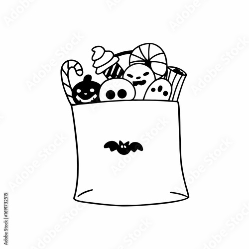 Black and white drawing of a bag filled with Halloween candy and spooky characters trick or treat sweets