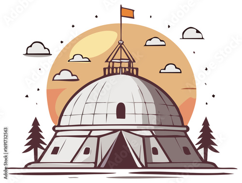 Grand Domed Temple Building with Flag and Pine Trees at Sunrise