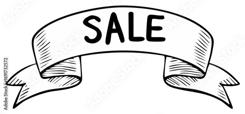 Hand Drawn Black and White SALE Banner with Decorative Ribbon
