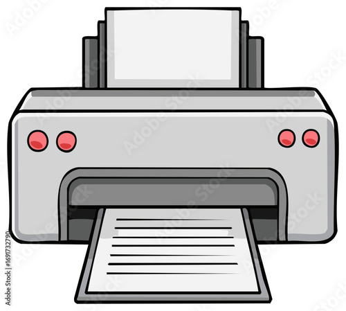 Cartoon Printer with Paper Printing Documents - Digital Office Technology Illustration