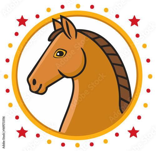Cute cartoon horse head illustration in a yellow circle with festive red stars and dots