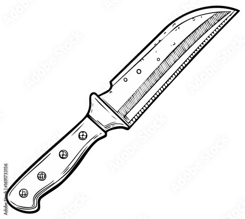Black and white illustration of a robust combat knife with a serrated blade and detailed handle design