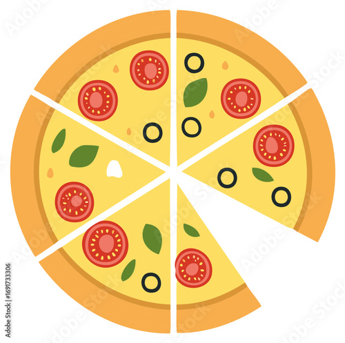 Illustration of a pizza with tomato, olives, and basil slices
