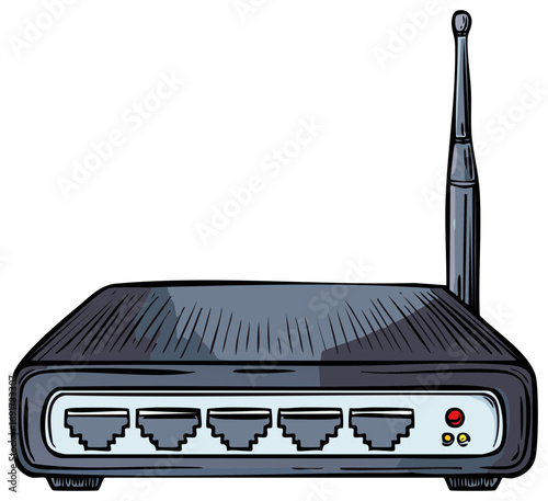 Wireless Router Illustration with Antenna and Ports for Internet Connection