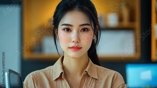 Close-up portrait of a young woman with a serious expression, likely in a professional setting.