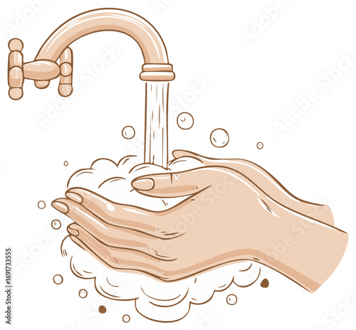Hands washing with soap under running water, healthcare and hygiene concept