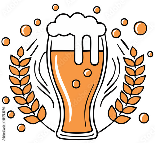 Pint of Beer with Wheat Stalks and Bubbles Celebrating Craft Brewing Culture