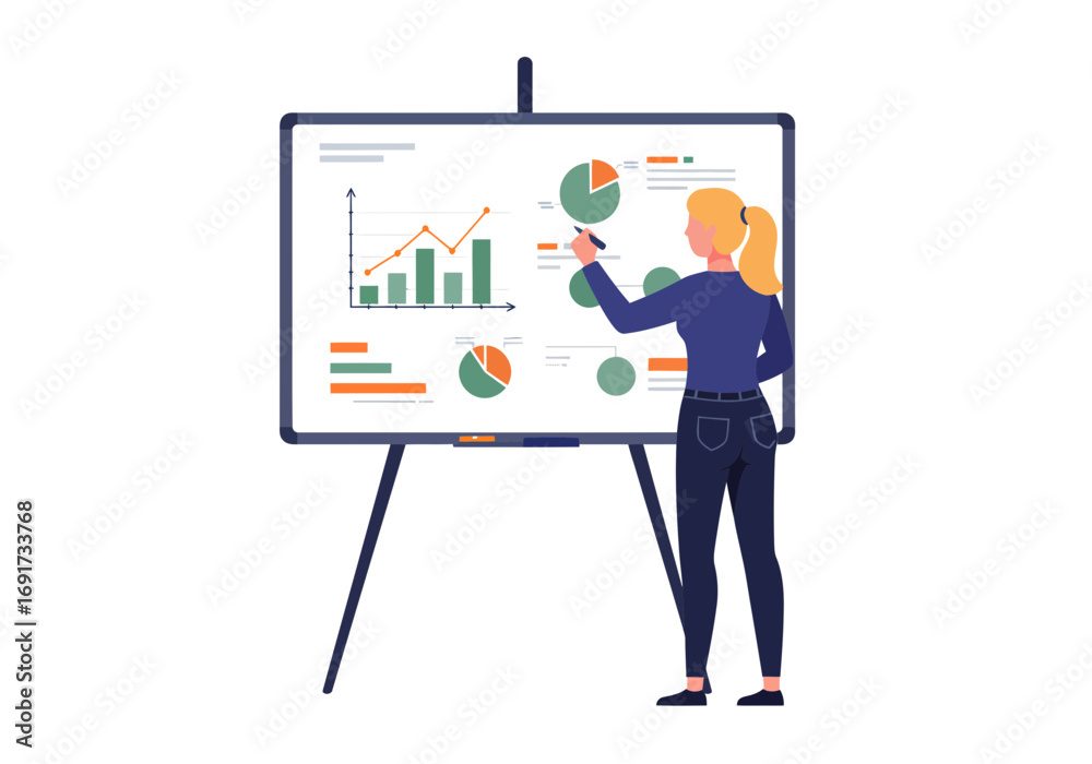 Fototapeta premium Confident woman presents dynamic business growth charts and data analysis on a modern whiteboard for strategic planning and reporting. Flat style illustration
