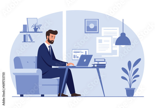 Focused businessman working diligently on laptop at modern home office desk, embracing productive remote work lifestyle and achieving professional success. Flat style illustration