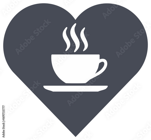 Heart shape icon with steaming coffee cup symbol representing love for warm beverages and comfort