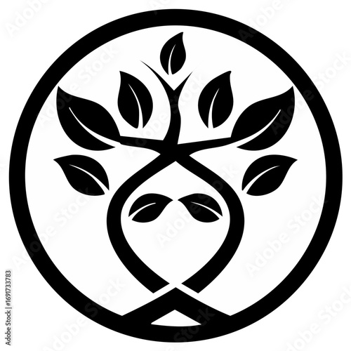 Elegant minimalist abstract tree icon with intertwining branches and leaves inside a round frame