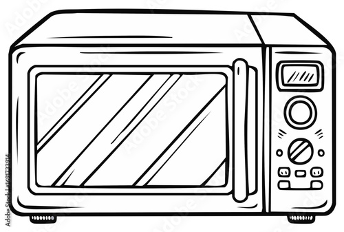 Hand drawn black and white microwave oven with glass door and controls