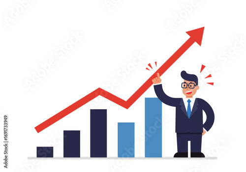 Confident businessman celebrates soaring profits and successful growth with a dynamic upward trend graph, signifying achievement. Flat style illustration