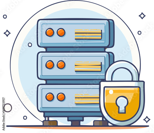 Data server with padlock, secure cloud storage, digital data protection concept.