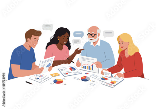 Diverse team collaborates on financial reports and data analysis during a productive business meeting, fostering growth and success. Flat style illustration