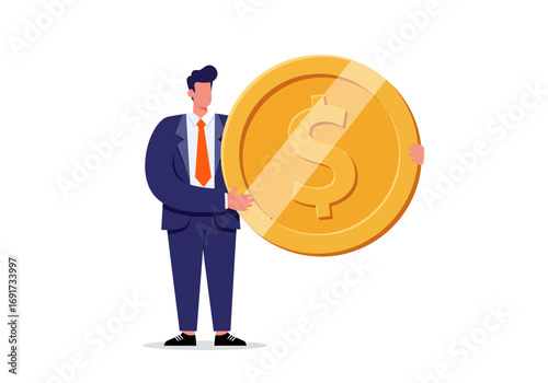 Confident businessman proudly holds large golden dollar coin symbolizing wealth, success, and financial prosperity in a modern business context. Flat style illustration