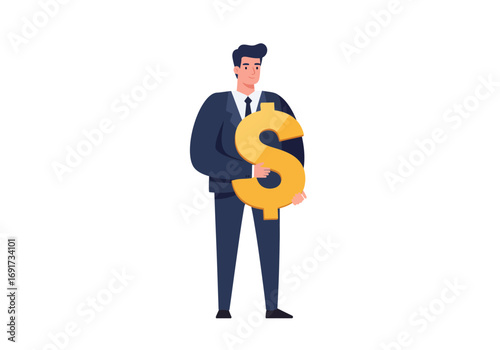 Confident businessman proudly holds large golden dollar symbol representing financial success and wealth growth opportunities