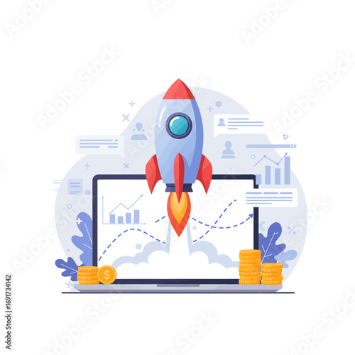Dynamic rocket launch symbolizes business growth and financial success with upward trending charts and stacks of gold coins