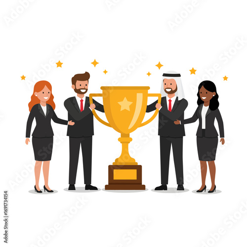 Diverse business team celebrating championship victory holding giant golden trophy with sparkling stars, achieving success and excellence together