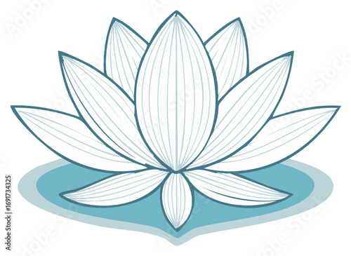 Elegant lotus flower illustration, a serene symbol of purity and spiritual awakening with delicate petals and tranquil blue water reflection
