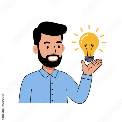 Enthusiastic man proudly presents glowing lightbulb idea, symbolizing innovation, creativity, and bright solutions for business success.