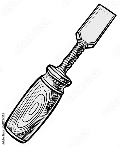 Illustration of a wood chisel tool with a wooden handle. Isolated on a white background.