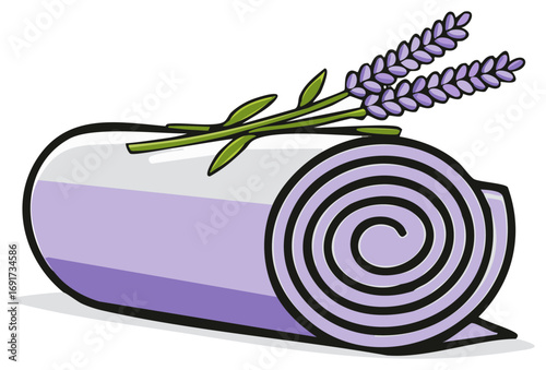 Rolled yoga mat with sprigs of lavender. Floral spa relaxation concept.