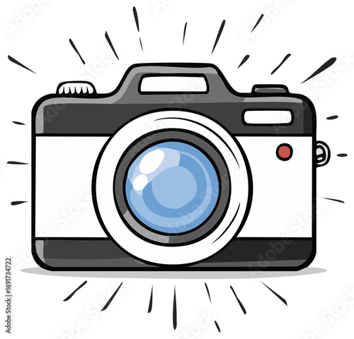Cartoon camera with radiating lines representing flash or action photography